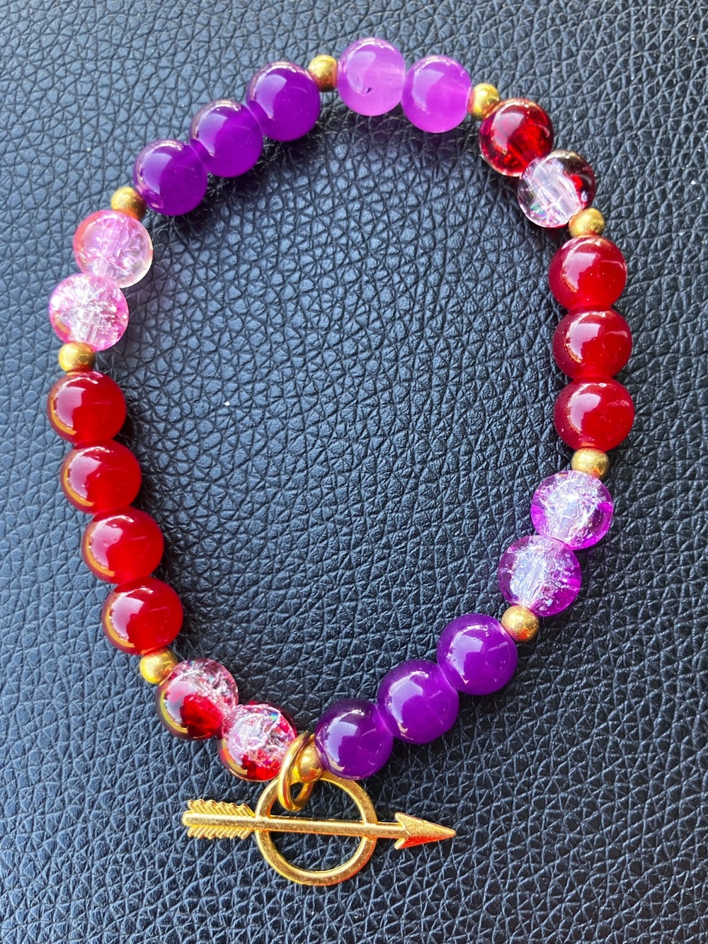 Purple and Red glass beaded bracelet with charm